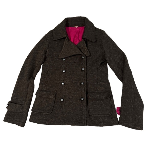 Free People Lambswool Double Breasted Coat Womens Medium Brown Geometric Pink - Picture 1 of 9